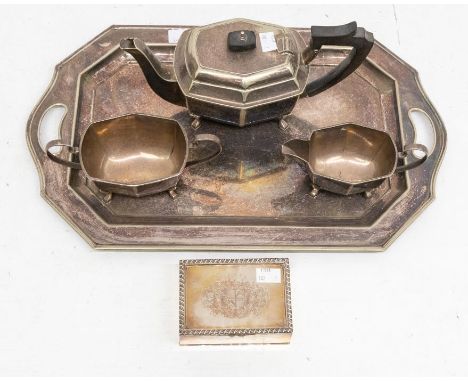 Art Deco EPNS three piece tea service with a matched tray together with a plated cigarette box engraved with Arms and inscrip
