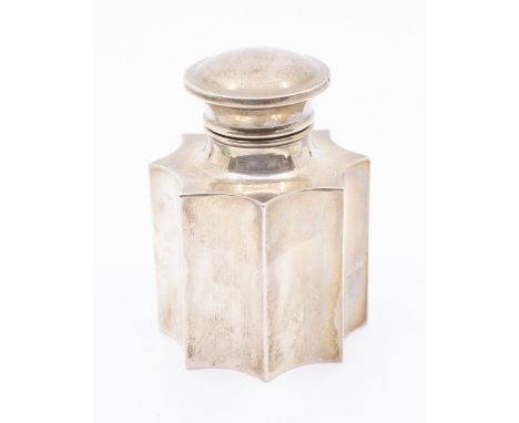 A George V silver inverted octagonal tea caddy and cover, plain body, hallmarked by Robert Pringle, London, 1913, approx 4.07