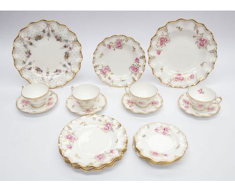 Four Royal Crown Derby Pinxton Roses trios, four plates, one larger plate, some are second quality, one Royal Antoinette, fir