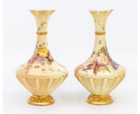 Two early 20th century, Worcester, blush ivory posy vases with gilt and rose detail, pattern 1538