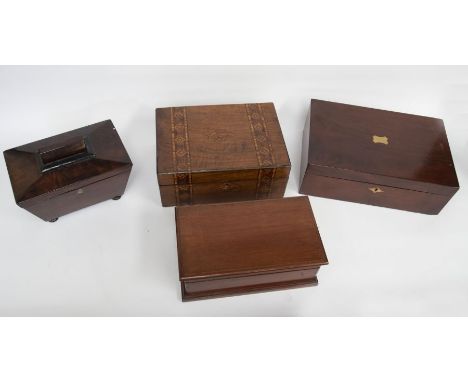 A collection of treen to include a jewellery box, tea caddy, writing box, Tunbridge writing box