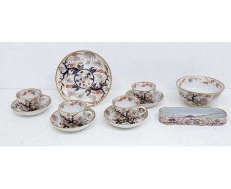 Early 19th century tea cups and saucers with matching slop bowl and plate along with early 19th century Spode toothbrush pot