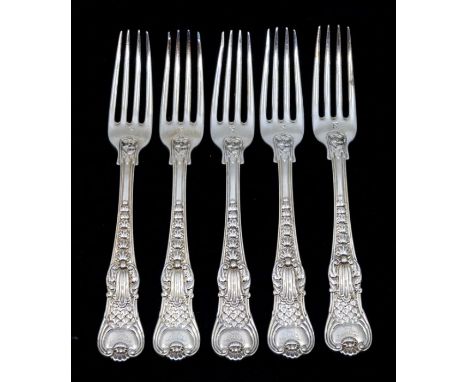 Paul Storr: A set of five George IV silver Coburg pattern dessert forks, each handle engraved with crest beneath motto and th