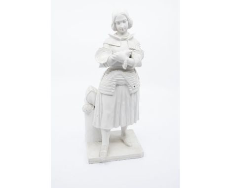 Early 20th century bisque figure of Joan of Arc, sword is missing, makers mark to back