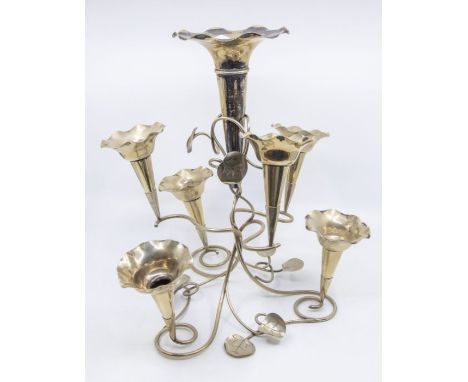 An early 20th century decorative plated Epergne / table centrepiece, with seven detachable posy vases/pots, wire work holder 