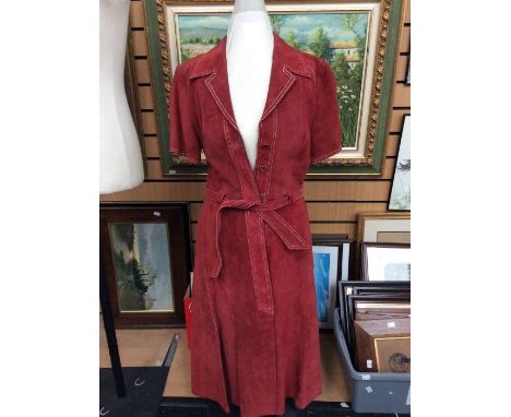 A suede and leather Croft Ltd size 12 wine coloured dress, fitted waist, pleated skirt, with stitching detailing on collar, e