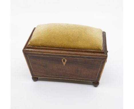 19th century mahogany pin cushion on ball feet and in the style of a Victorian tea caddy