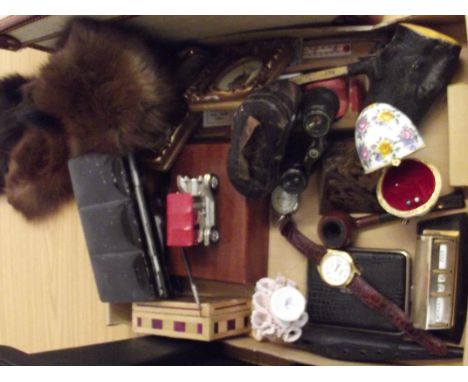 Box of small collectables to include opera glasses, wristwatch, pin cushion and a fur 