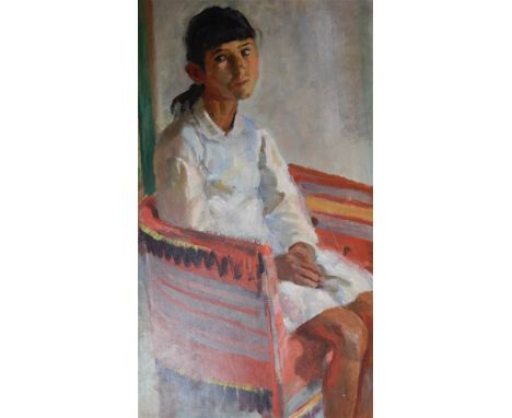 PERCY DRAKE BROOKSHAW (1907 - 1993)  'Portrait of Young Girl - Antonia' oil on board, signed bottom left, 45cm x 73cm Provena