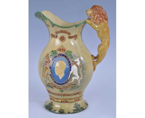A Crown Devon Fieldings Edward VIII limited edition glazed ceramic musical coronation jug, bright colour and gilt decorated, 