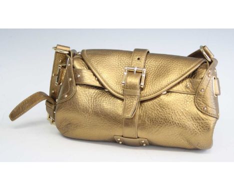 A Harrods of Knightsbridge gilt decorated leather handbag, having studded adjustable shoulder strap, button flap front, the c