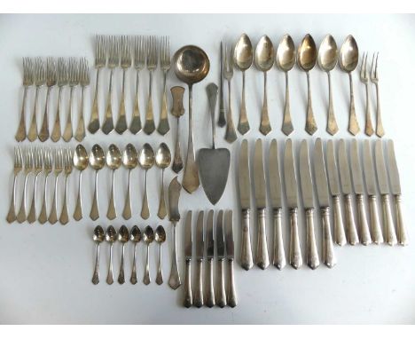 A Continental Art Deco 800 standard silver cutlery suite, comprising six table forks, six dinner forks, six dessert forks, si