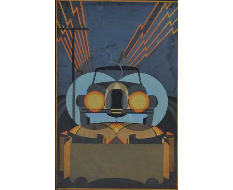 R. White - Untitled bright colour Art Deco car within a surround, gouache, signed and dated '1929' lower right, 74 x 48cm