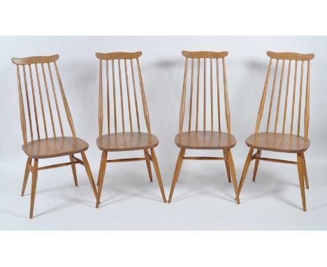A set of four Ercol light elm high stickback dining chairs, w.42cm