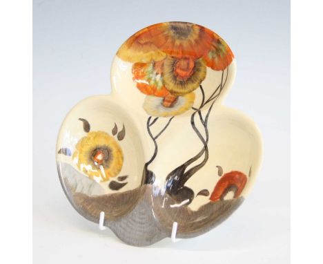 An Art Deco Clarice Cliff Rhodanthe pattern hors d'oeuvre ceramic dish, printed marks to the underside, w.21.5cm