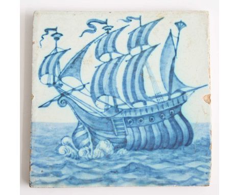 Attributed to William de Morgan - a square pottery tile painted with a galleon, in tones of blue, unmarked, 15 x 15cm