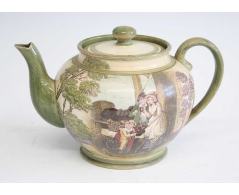 A circa 1900 Moorcroft MacIntyre 'Cries of London' pottery teapot and cover, of bulbous form, painted with figures and tree-l
