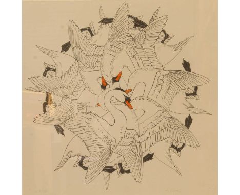 Hanneline Visnes (b.1972) - Swans, limited edition lithograph heightened in colour, signed and numbered '23/150' in pencil to