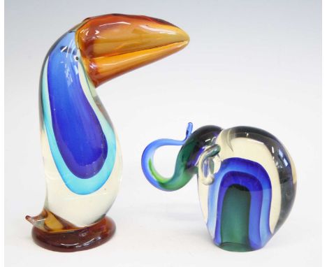 A 1970s Murano heavy glass model of a puffin, with cased amber, blue and brown decoration, h.23cm; together with a 1970s Mura
