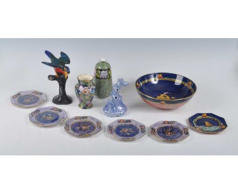 A collection of Art Deco Grimwades Royal Winton lustreware, to include; a Galleon pattern bowl, dia.23cm, an Arbor flower hol