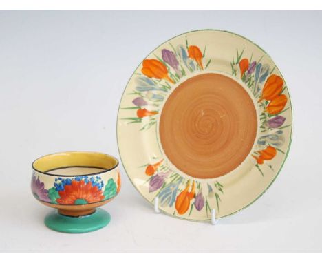 An Art Deco Clarice Cliff Bizarre Crocus pattern ceramic side plate, printed marks verso, dia.17cm, together with a Clarice C