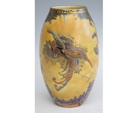 A 1930s Carlton Ware Fantasia yellow ground ceramic vase, of ovoid form, enamel and gilt decorated with opposing birds of par