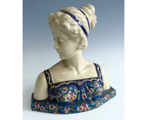 A 1930s French crackle glazed ceramic bust by Les Bleus de Louvière, floral enamel decorated, printed backstamp verso, h.27cm