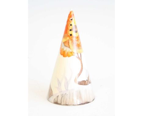 An Art Deco Clarice Cliff Rhodanthe pattern ceramic sugar sifter, of conical form, printed marks to the underside, h.15cmGene