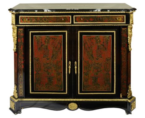 A Boullework Cabinet:20th century, the marble canted top above two panelled drawers with ormolu beadwork and mounts enclosing