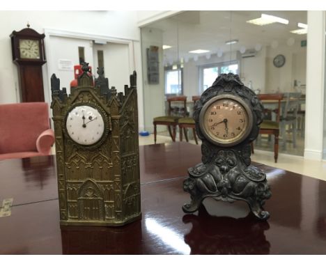 A 19th century architectural clock; together with a Deco-style alarm clock
