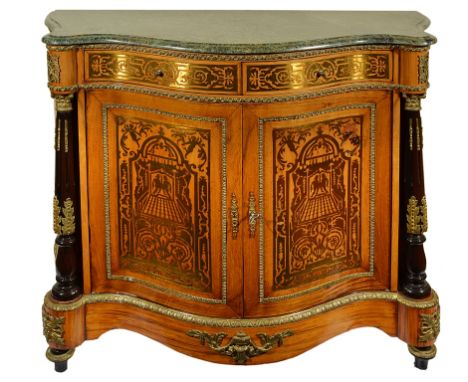 A Commode:Empire style, the serpentine marbled top above two drawers edged with beaded brass mounts throughout, inlaid with p