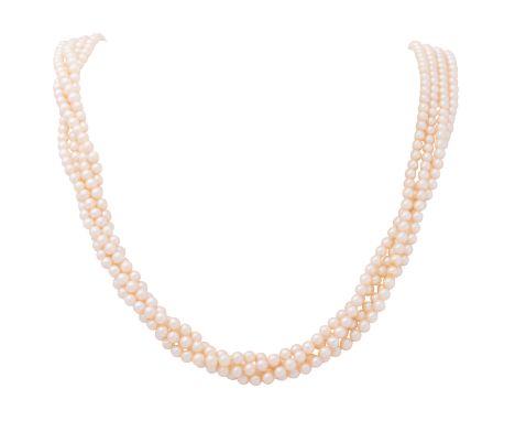 4-reihiges Perlencollier,  weiße Akoyazuchtperlen, D.: ca. 4 mm, Brillanten von zus. ca. 0,25 ct, gute Farbe und Reinheit, GG
