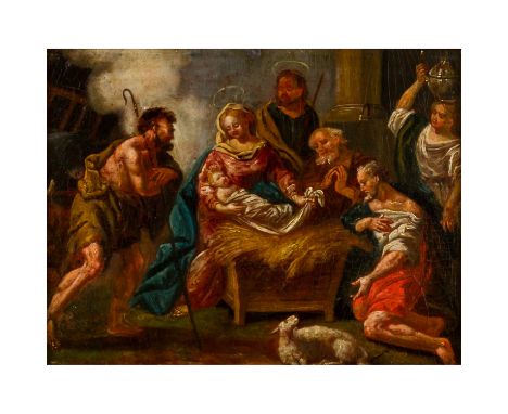 FLÄMISCHE SCHULE DES XVII JAHRHUNDERTS "Anbetung der Hirten nach dem Stich von Lucas Vorstermans d. Ä." Öl auf Karton, HxT: 1