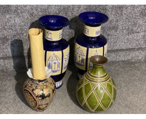 Pair of large floor vases plus 2 contemporary flower vases, also includes a ship of war print