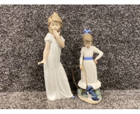 2 Nao by Lladro figures, girl in night dress and a girl with a golden hoop and puppy