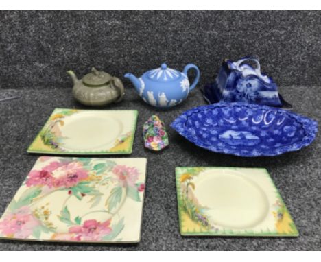 Maling exhibition centre bowl together with spode cheese dish and cover 2 Wedgwood tea pots royal winton toast rack etc