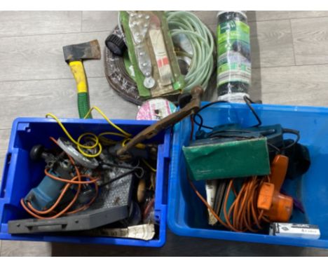 Two boxes of miscellaneous tools, including sander, hose pipe, hand axe etc