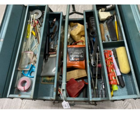 Vintage metal cantilever toolbox containing miscellaneous hand tools &amp; accessories