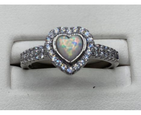 A silver and cz heart shaped opal set ring , 2.9g size O