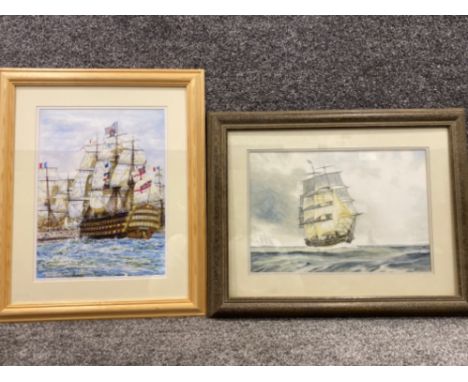 A watercolour of a clipper at sea 28 x 40cm and a colour print after Michael Smith