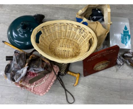 Job lot of miscellaneous items including twin handled wicker basket, light fitting, belts etc