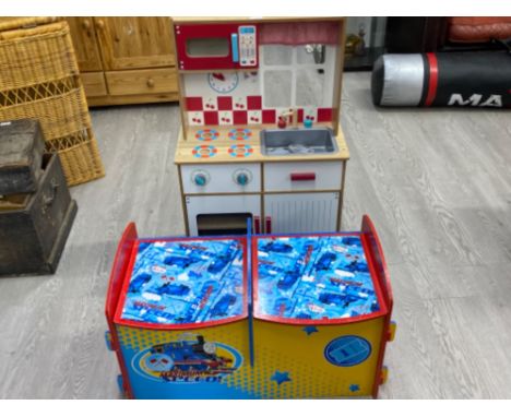 Child’s toy kitchen stove &amp; sink together with &amp; twin storage Thomas the Tank engine toy box