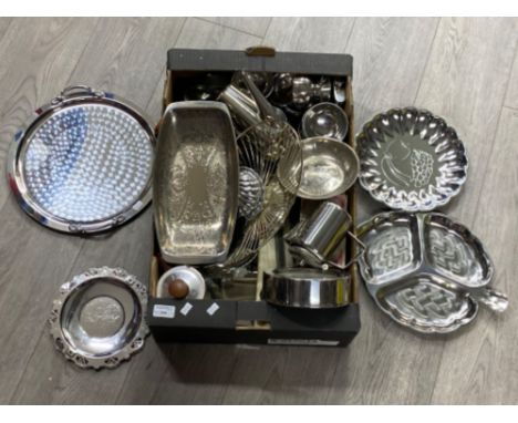 Box of assorted stainless steel kitchen items, including a wooden handled tea service etc