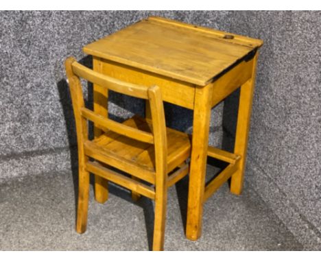 1950s Child’s “junior school” desk, with lift top lid &amp; inkwell, also includes matching chair