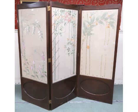 A Victorian mahogany framed three fold room divider with silk embroidered panels, each panel 178cm high x 67cm wide Condition