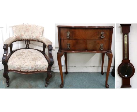 A lot to include Victorian upholstered tub chair, two drawer occasional table and a mahogany barometer/thermometer (3) Condit