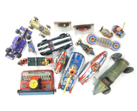 Mixed vintage and contemporary tinplate clockwork/battery-operated toys, to include a Hungarian "Interkozmozs" space car, Met