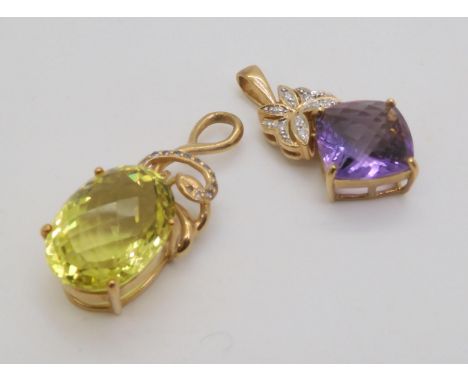 A 9ct checkerboard cut amethyst and diamond pendant, length 3.5cm, together with a 9ct lime green gem pendant weight together