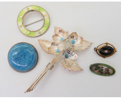 A collection of Charles Horner brooches to include a turquoise glazed ceramic plaque brooch, Chester hallmarks 1918, a turquo