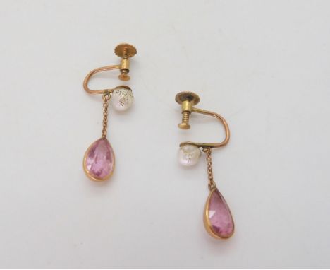 A pair of pink tourmaline and pearl screw back drop earrings, dimensions of tourmalines approx 9mm x 6mm, mounted in 9ct gold
